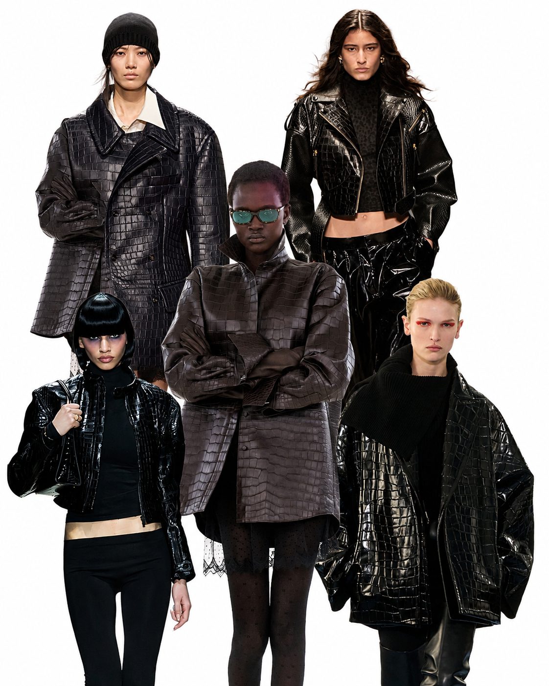 Da sinistra in senso orario look di Bottega Veneta, Roberto Cavalli, Sportmax, Tom Ford, Gucci