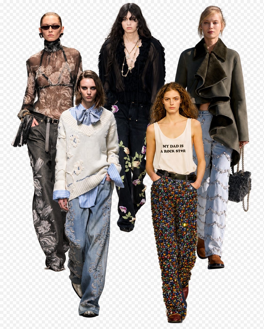 Da sinistra in senso orario look di Roberto Cavalli, Blumarine, Dior, Stella McCartney, Ermanno Scervino