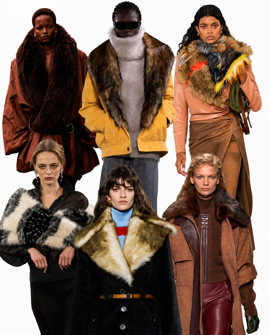 Da sinistra in senso orario look di Saint Laurent, MM6 Maison Margiela, Diesel, Hermes, Rabanne, Vivetta