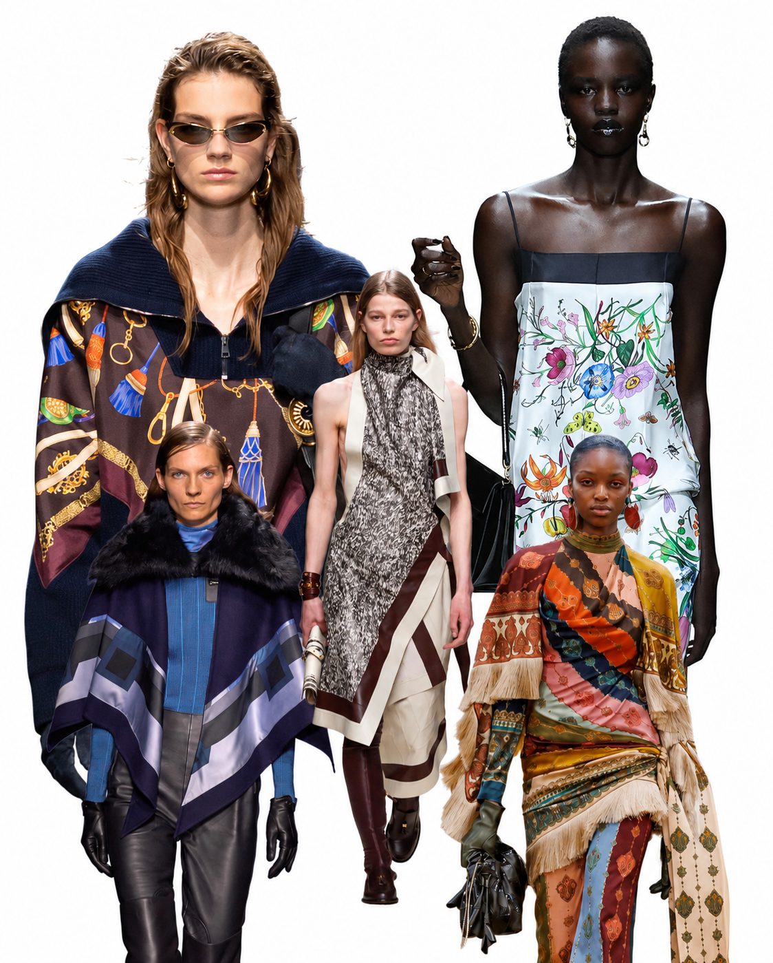 Da sinistra in senso orario look di Etro, Gucci, Zimmermann, Tod's, Hermes