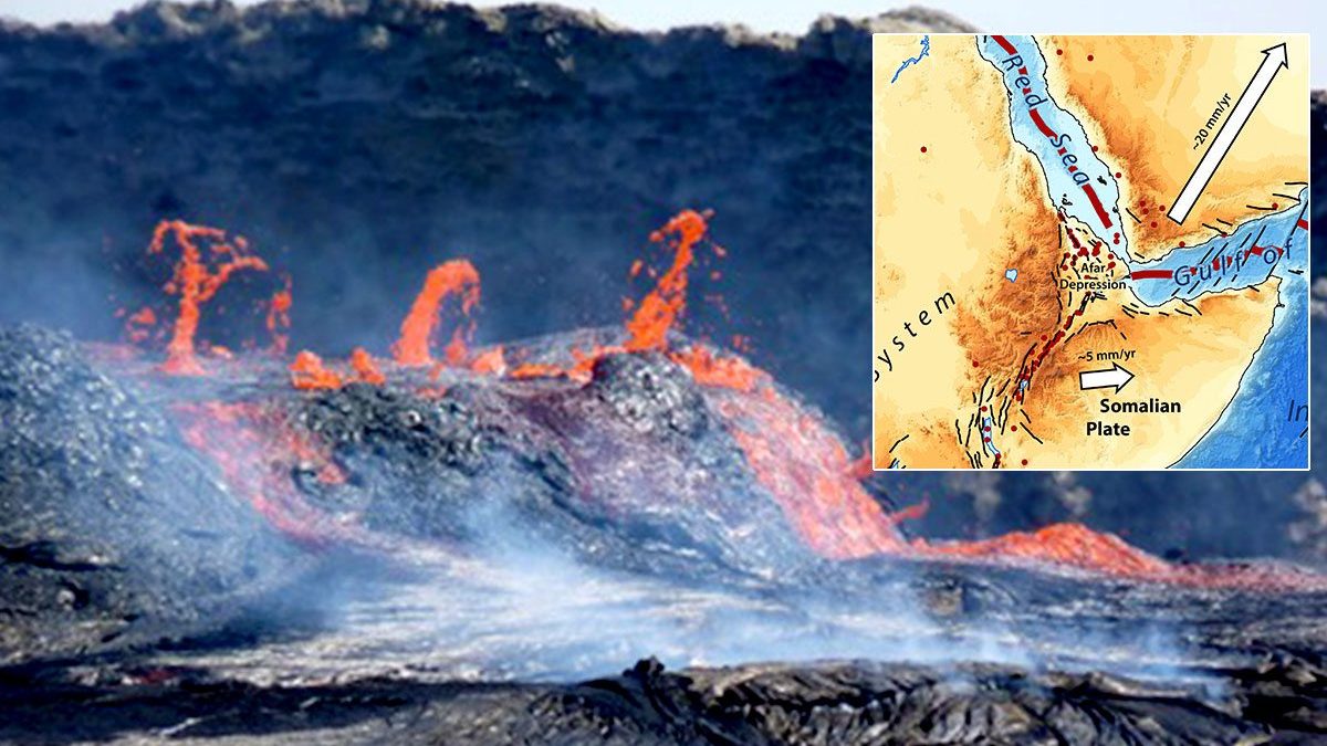 Flussi di lava che fuoriescono dal vulcano Erta Ale ad Afar, in Etiopia. Nel riquadro, la regione africana della tripla giunzione di Afar, dove convergono tre fratture tettoniche / Credit: Derek Keir/wikipedia
