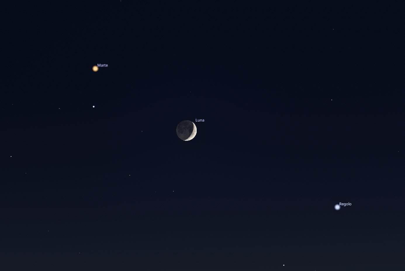 Marte, la Luna e la stella Regolo allineati nel cielo del 29 giugno. Credit: Stellarium