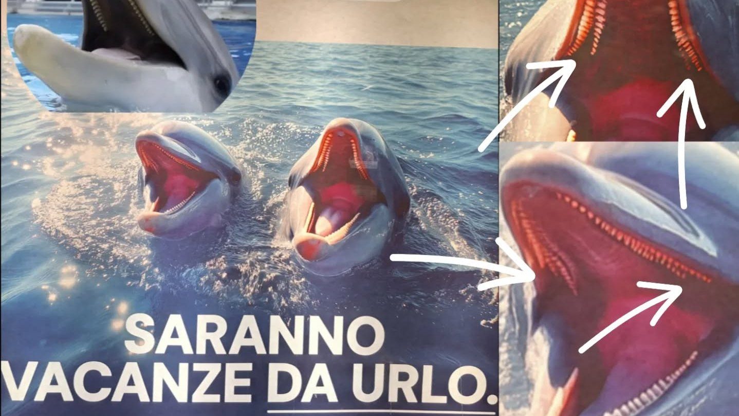 La pubblicità coi delfini nella metro di Roma è assurda: "Fatta con l'IA, hanno i denti da squalo"