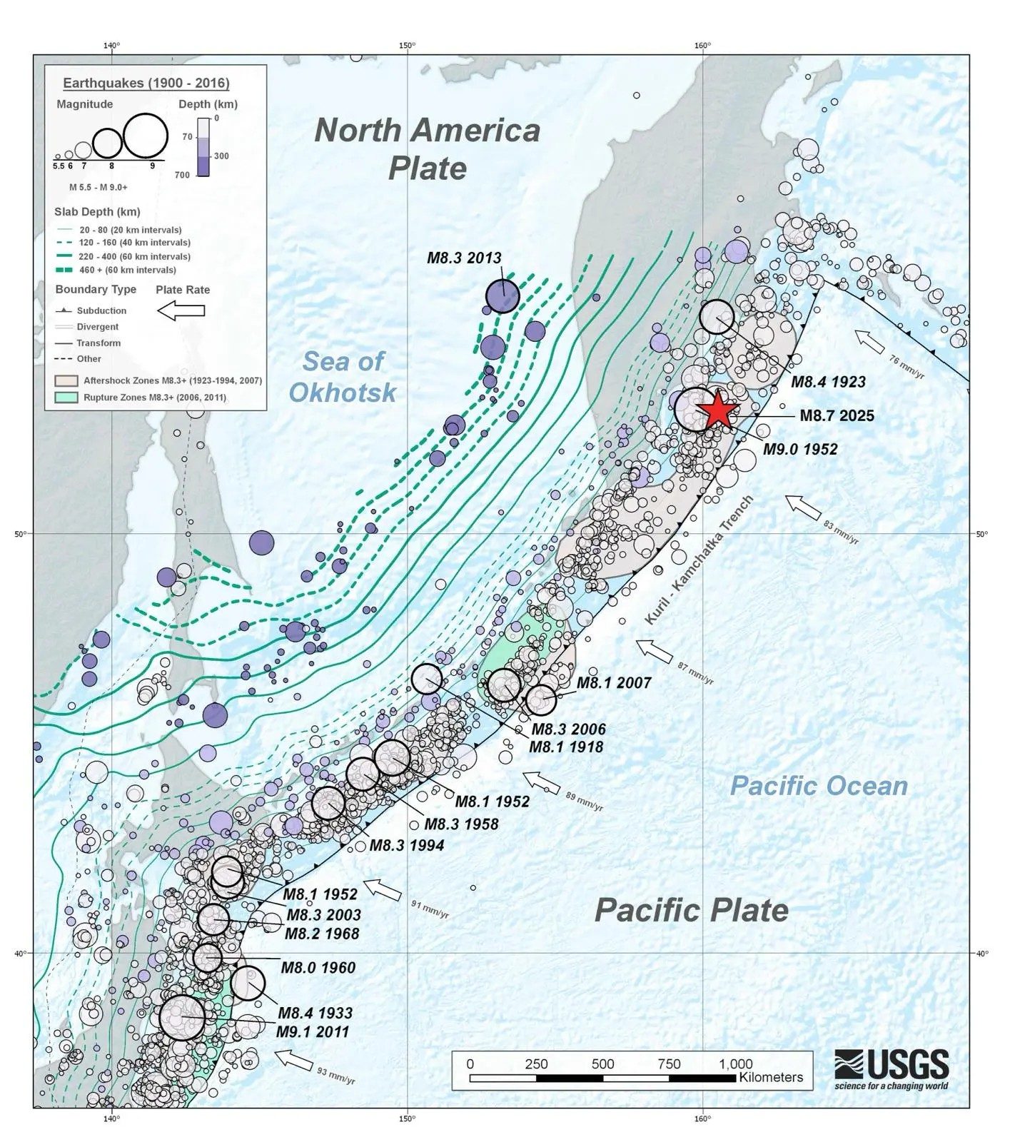 Terremoti storici in Kamchatka. Credit: USGS