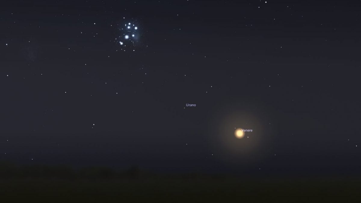 L’abbraccio di Venere alle Pleiadi del 3 luglio. Credit: Stellarium