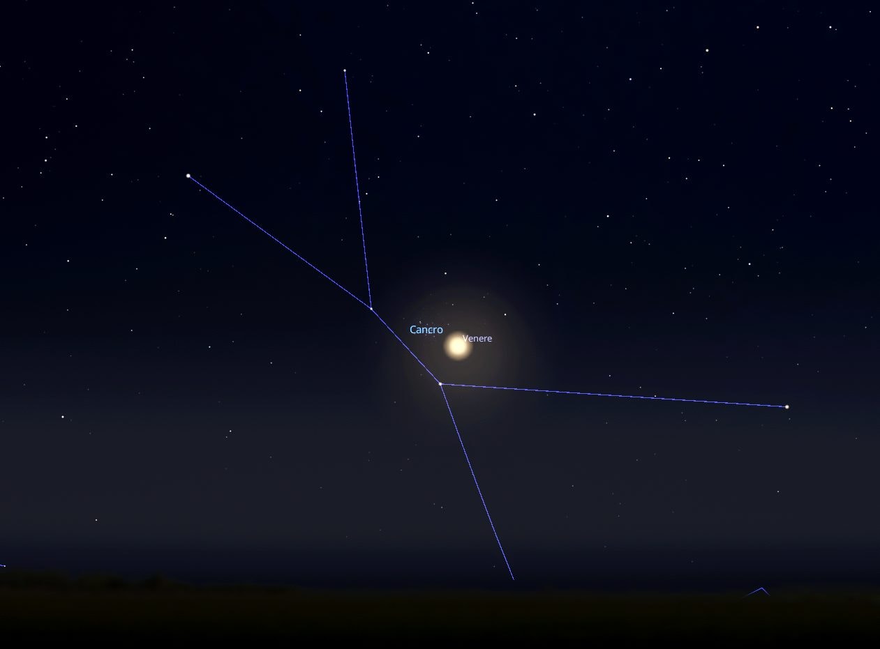 Venere e M44 nella costellazione del Cancro. Credit: Stellarium