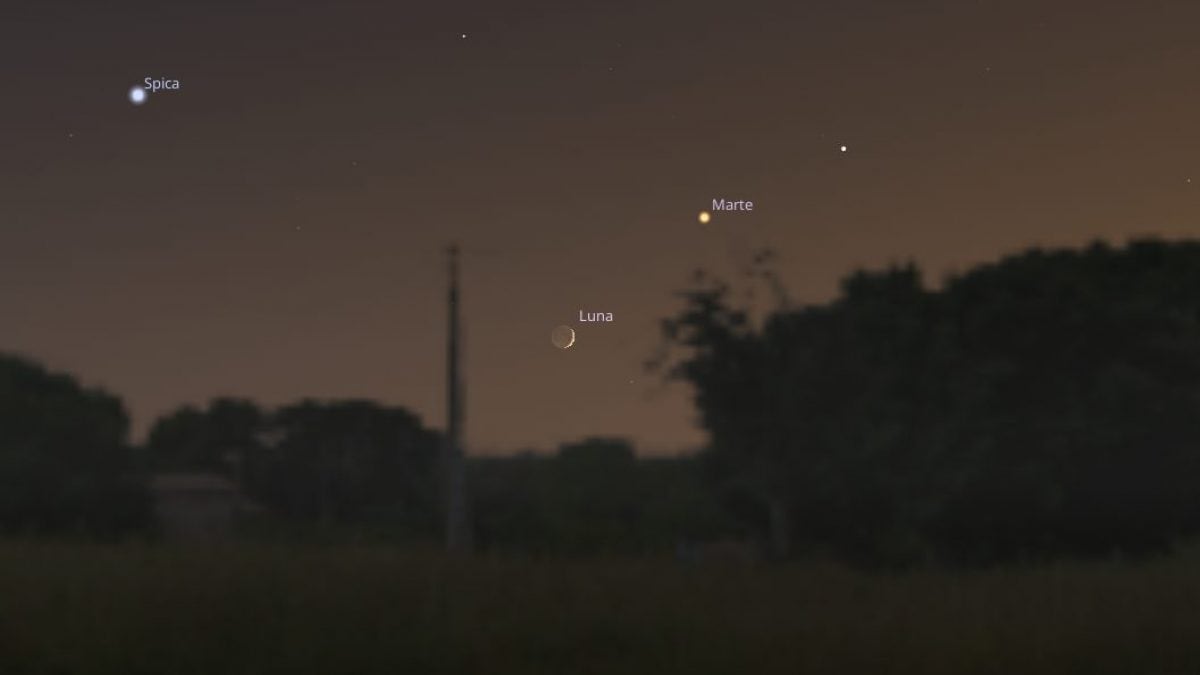 Il bacio tra la Luna e Marte di oggi 26 agosto. Credit: Stellarium