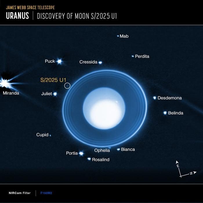 La nuova luna di Urano. Credit: NASA, ESA, CSA, STScI, M. El Moutamid (SwRI), M. Hedman (Università dell’Idaho)