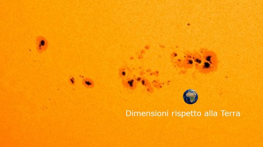 Gigantesco e minaccioso gruppo di macchie solari apparso sul Sole: è rivolto verso la Terra, i rischi