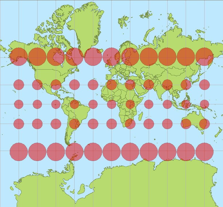 Nella proiezione cartografica di Mercatore si verifica un significativo aumento delle dimensioni delle diverse regioni del pianeta nel passaggio dall’equatore ai poli / Credit: Wikipedia