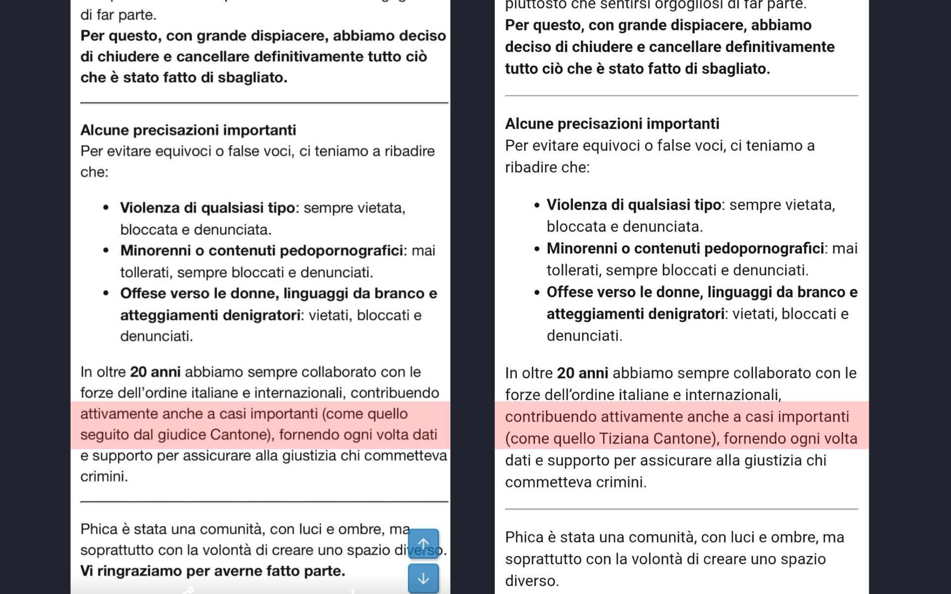 Screenshot del comunicato di Phica.eu, prima e dopo