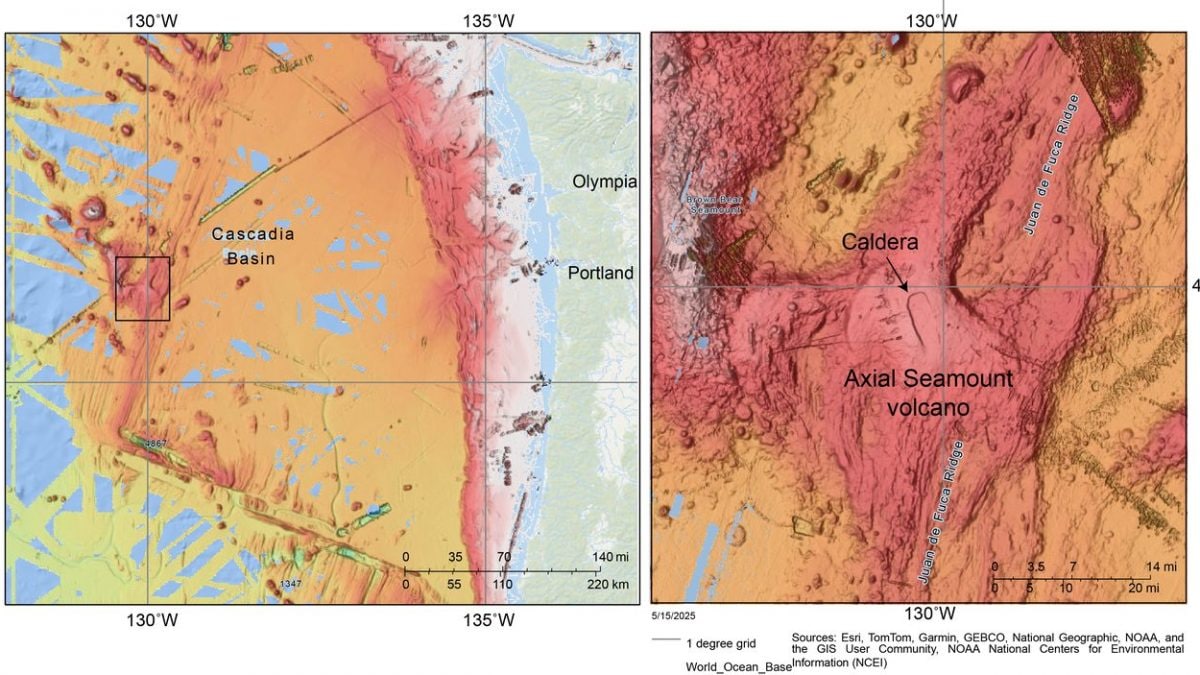 La posizione del vulcano Axial rispetto alle coste USA. Credit: Ball / USGS.