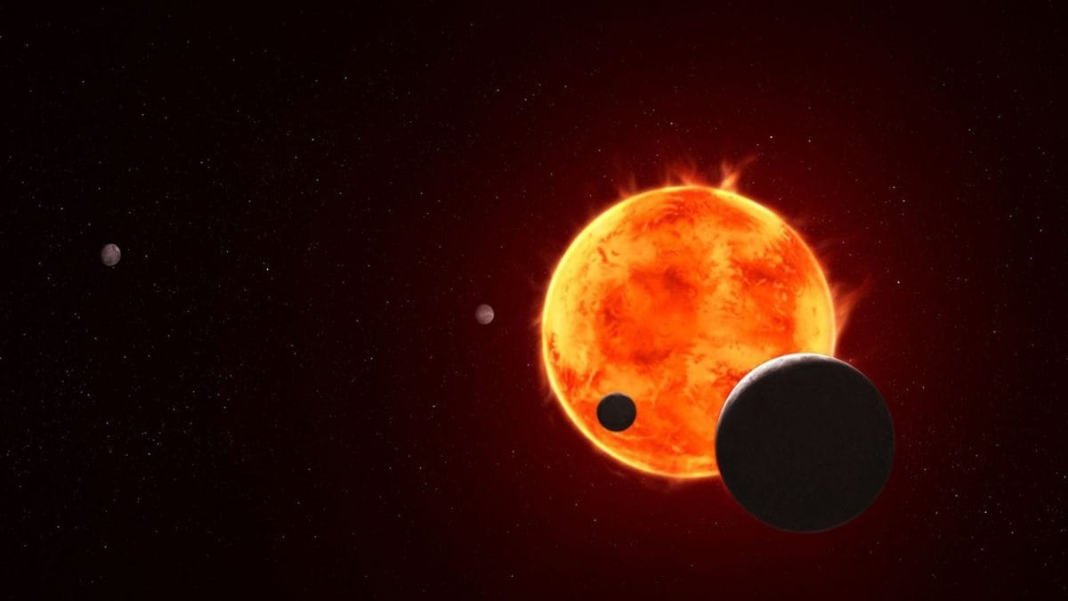 Illustrazione della nana rossa TRAPPIST–1 e quattro dei sette pianeti orbitanti più vicin osservati dal telescopio spaziale James Webb / Credit: NASA, ESA, CSA, STScI, Joseph Olmsted (STScI).