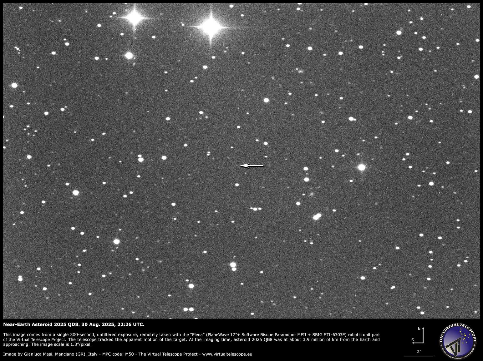 L’asteroide 2025 QD8 ripreso dal Virtual Telescope Project. Credit: Gianluca Masi