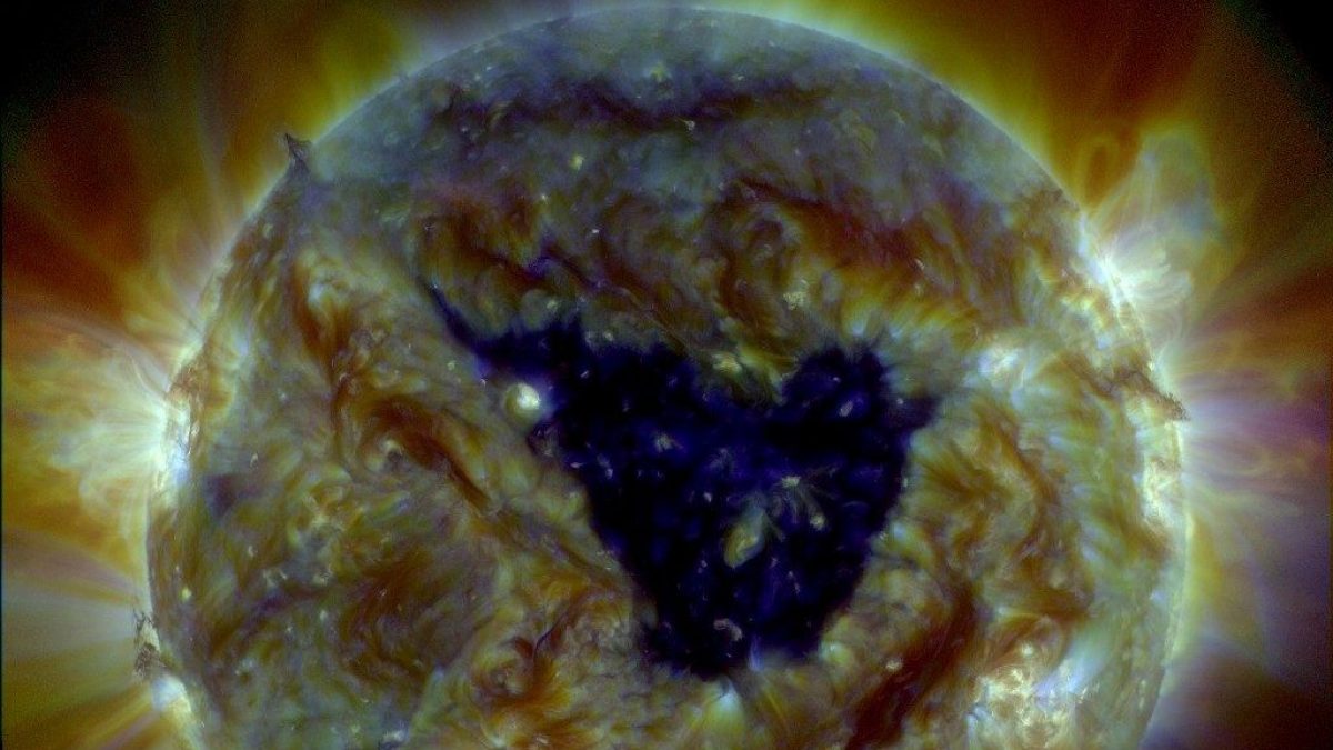 Il grande buco coronale a forma di farfalla al centro del Sole. Credit: NASA/SDO