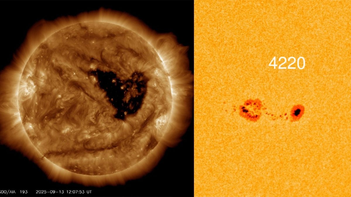 A sinistra il buco coronale, a destra la macchia solare anomala. Credit: NASA SDO