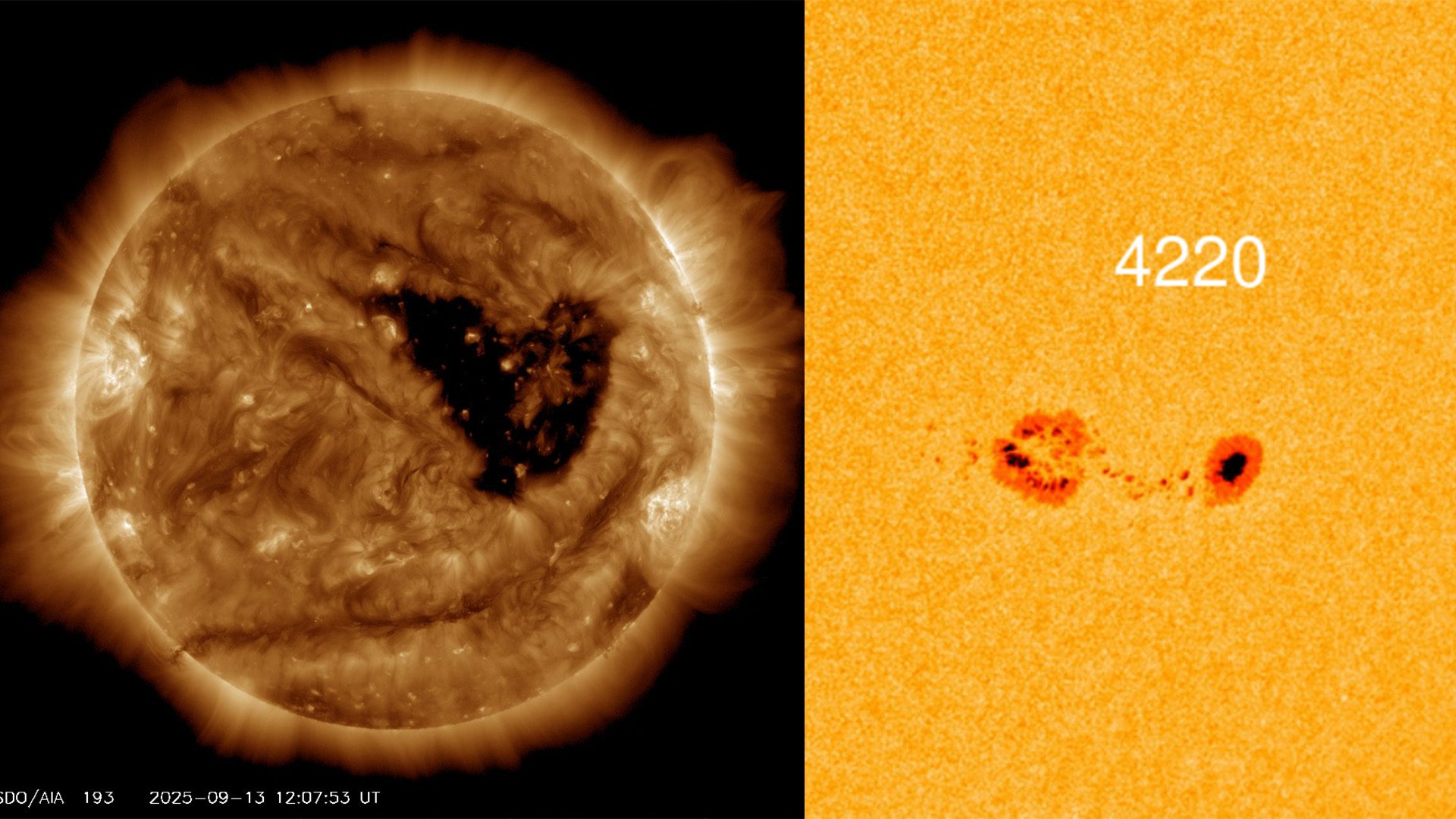Una strana macchia solare a rischio esplosione e un enorme buco a forma di cuore apparsi sul Sole