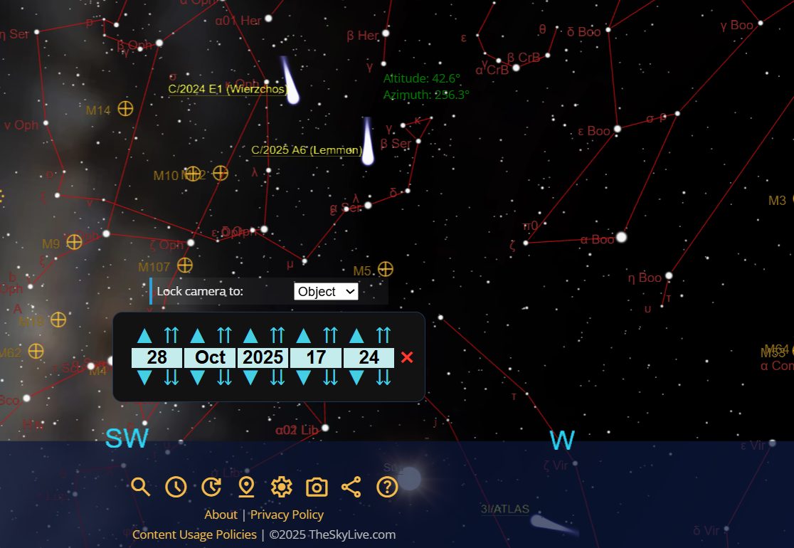 La posizione della cometa alle 17:24 del 28 ottobre nel cielo di Roma. Credit: TheSkyLive