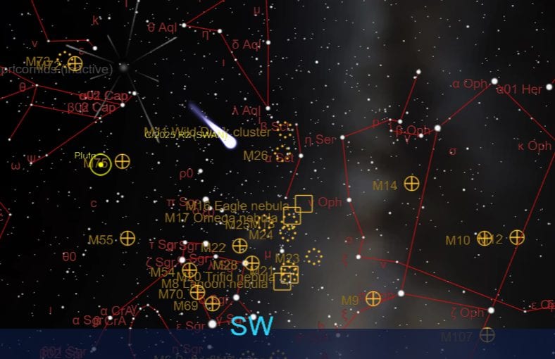 La posizione della cometa C/2025 R2 (SWAN) sul cielo di Roma, il 20 ottobre alle ore 21:00. Credit: TheSkyLive