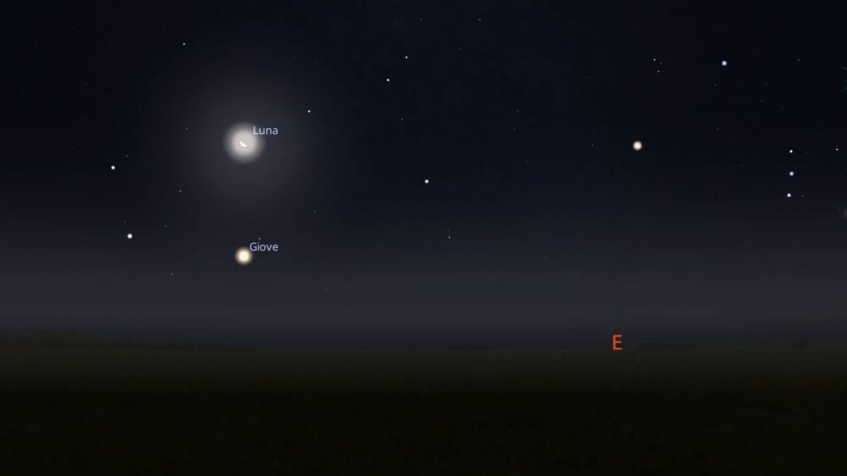 Simulazione della congiunzione astrale del 16 settembre tra la Luna e Giove. Credit: Stellarium