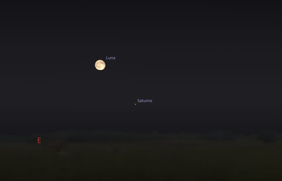 La Luna e Saturno poco dopo essere sorti. Credit: Stellarium