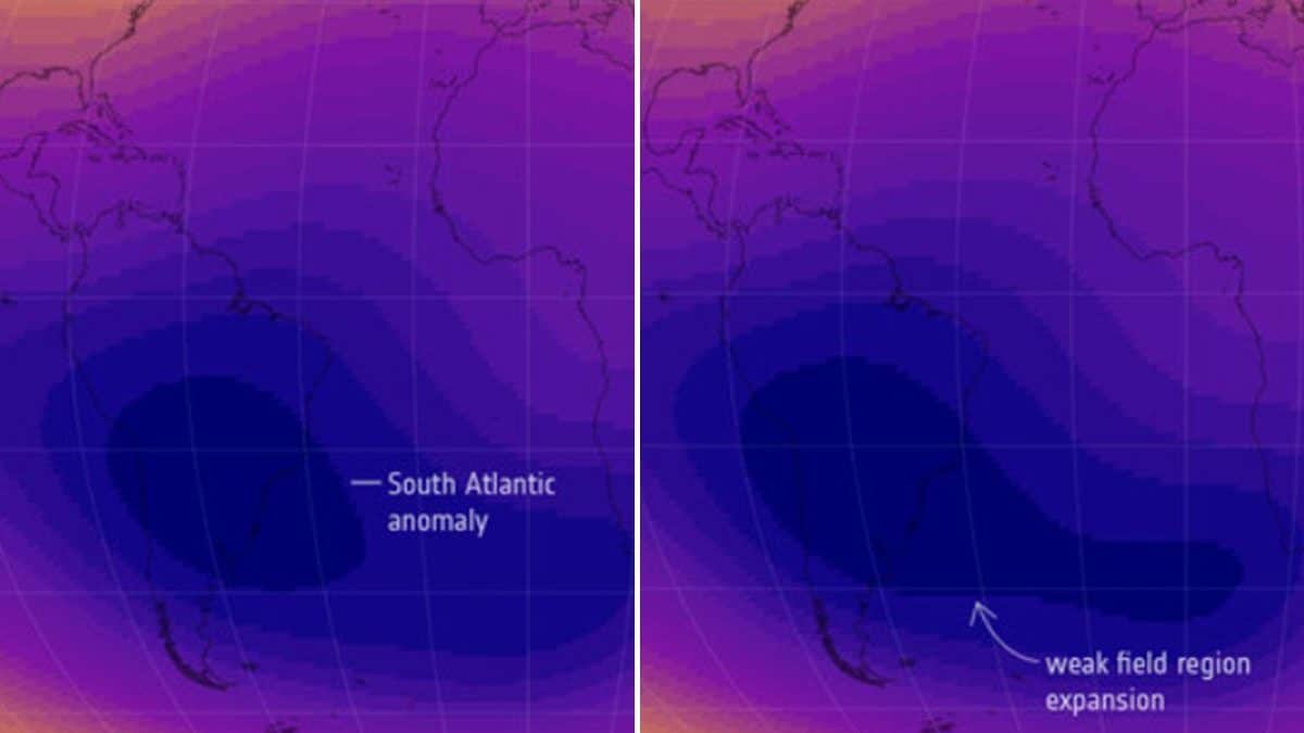 Il "buco" magnetico, noto come Anomalia del Sud Atlantico, si è espanso dal 2014, spostandosi verso l’Africa / Credit: ESA