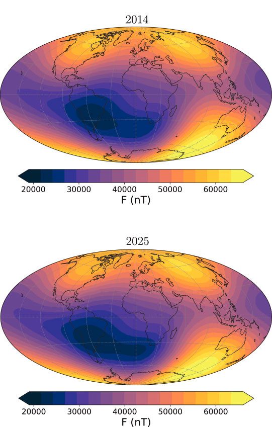 Il cambiamento dell’Anomalia del Sud Atlantico dal 2014 al 2015 in nanoTesla (nT) / Credit: CC Finlay, et al. Physics of the Earth and Planetary Interiors 2025