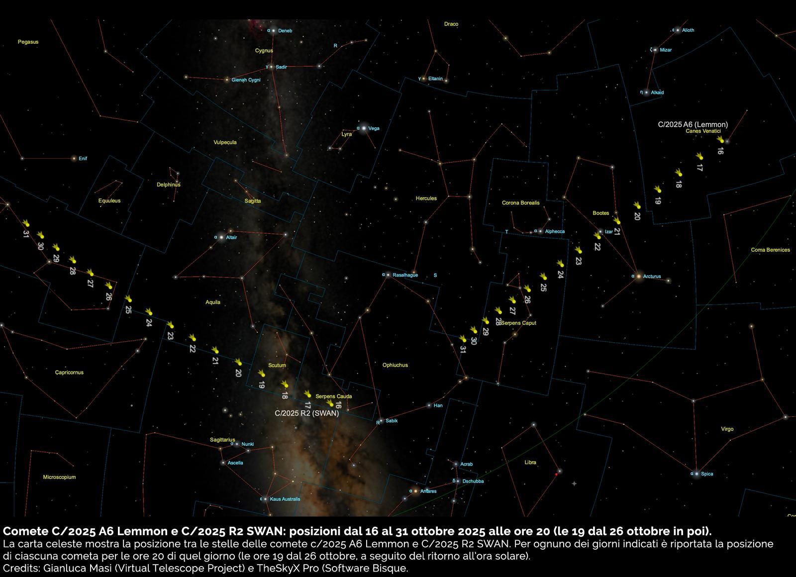 La posizione delle due comete nel cielo. Credit: Gianluca Masi