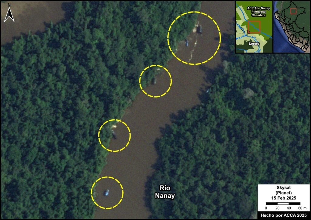 Draghe minerarie identificate nel fiume Nanay, nella regione di Lorento, nel Perù settentrionale / credit: MAAP