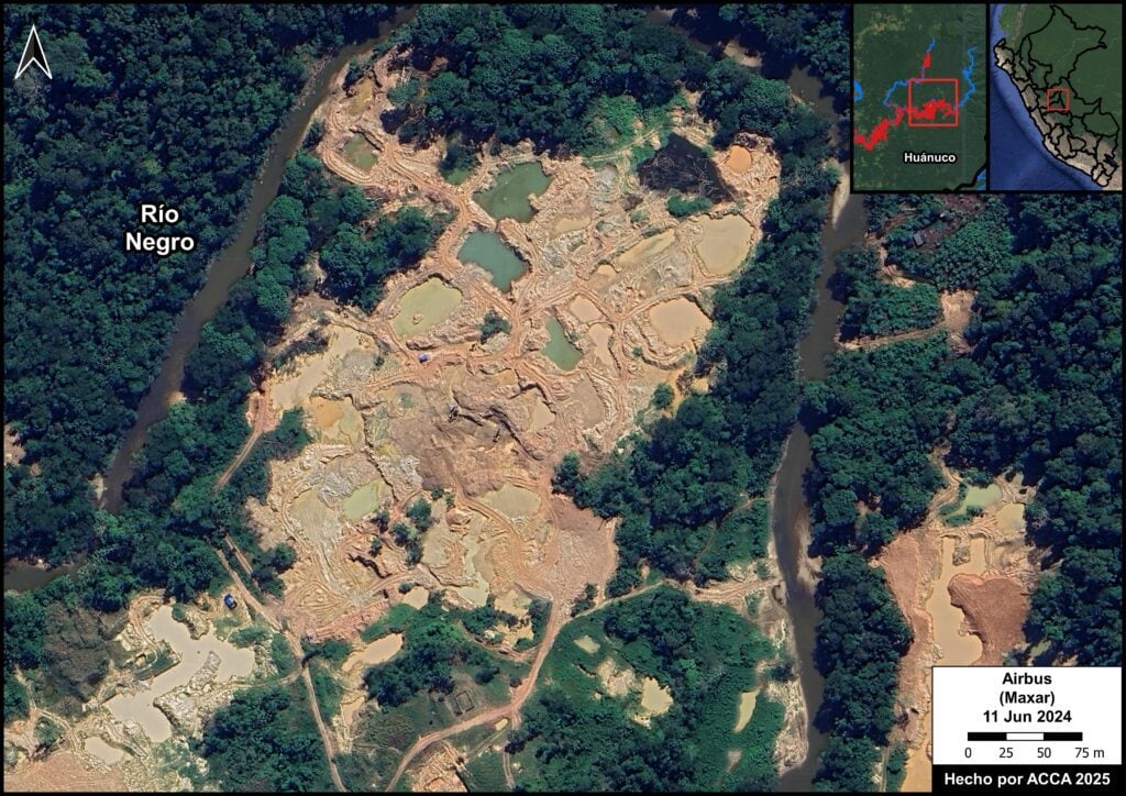 La deforestazione per l’estrazione dell’oro nella provincia di Puerto Inca, nella regione di Huánuco / Credit: MAAP
