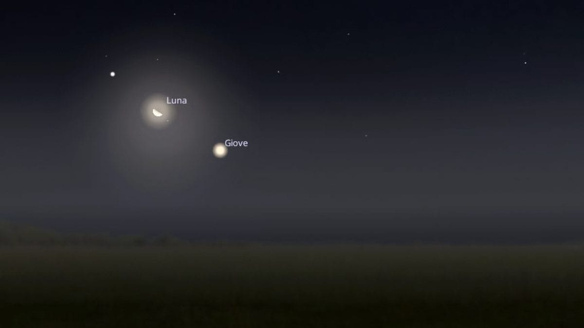 La congiunzione astrale tra la Luna e Giove del 13–14 ottobre 2025. Credit: Stellarium