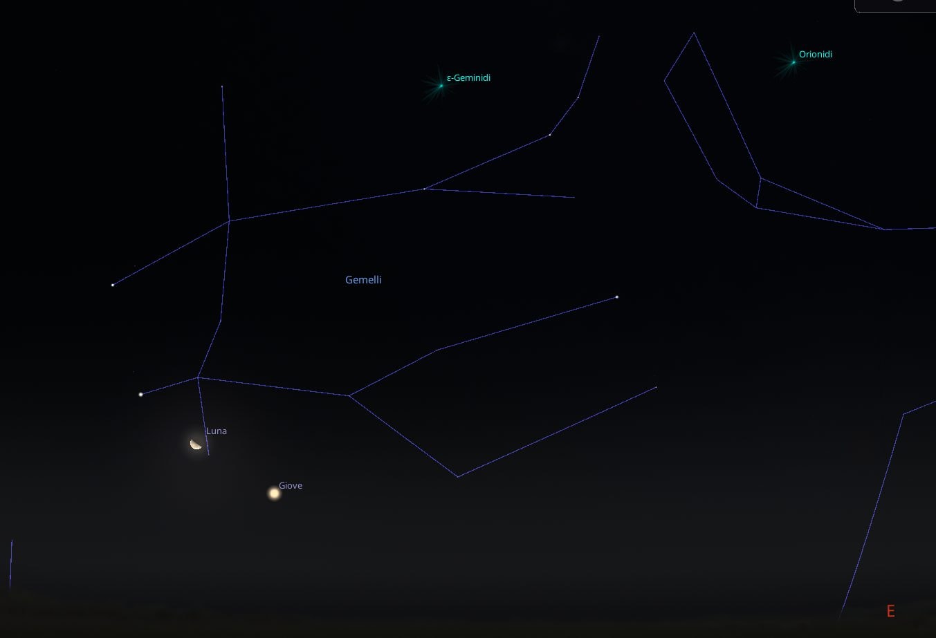 La Luna, Giove e le stelle Castore e Polluce nel cielo del 14 ottobre. Credit: Stellarium