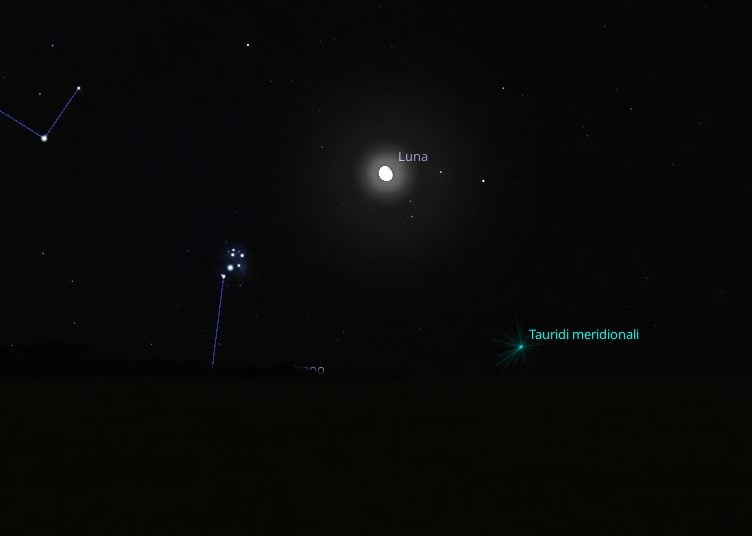 Simulazione della congiunzione astrale tra la Luna e le Pleiadi del 9 ottobre. Credit: Stellarium