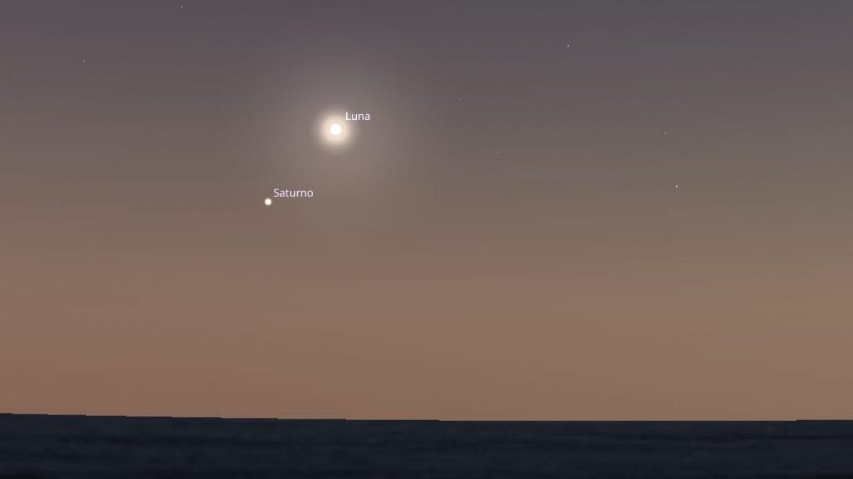 Simulazione della congiunzione astrale del 5/6 ottobre 2025 tra la Luna e Saturno. Credit: Stellarium