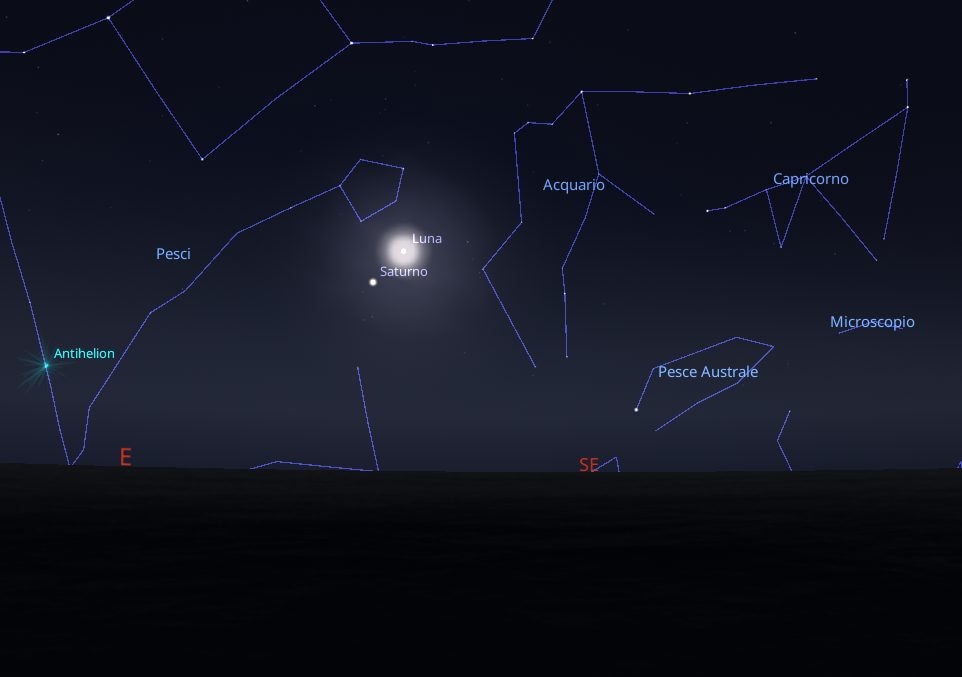 La posizione della Luna e Saturno nel cielo tra il 5 e 6 ottobre. Credit: Stellarium