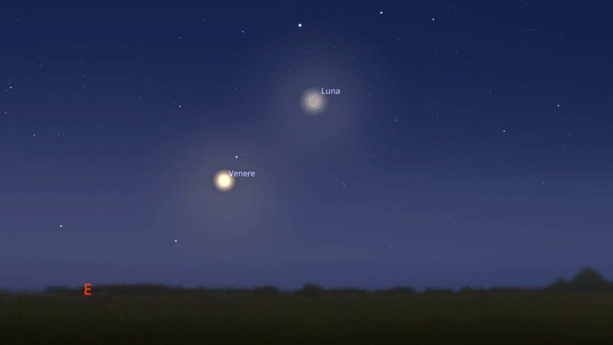 Simulazione del "bacio" tra la Luna e Venere del 19 ottobre 2025. Credit: Stellarium