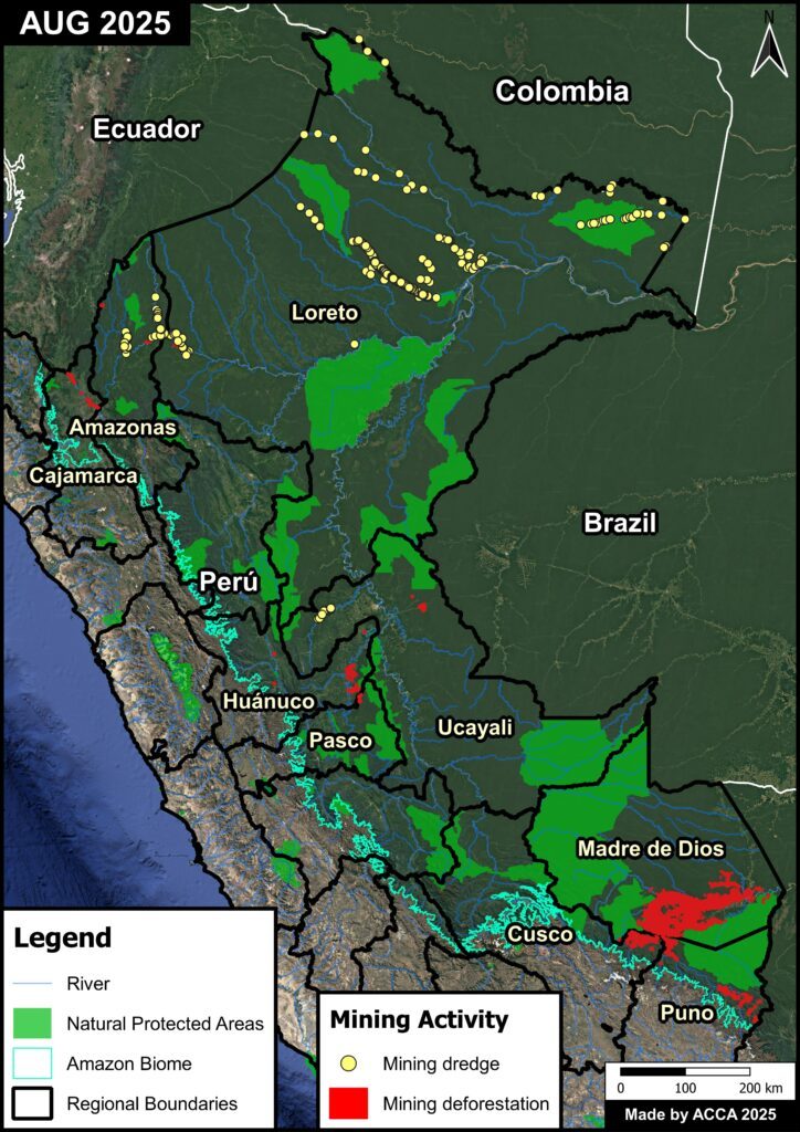Mappa aggiornata al 2025 dell’estrazione dell’oro nell’Amazzonia peruviana / Credit: MAAP