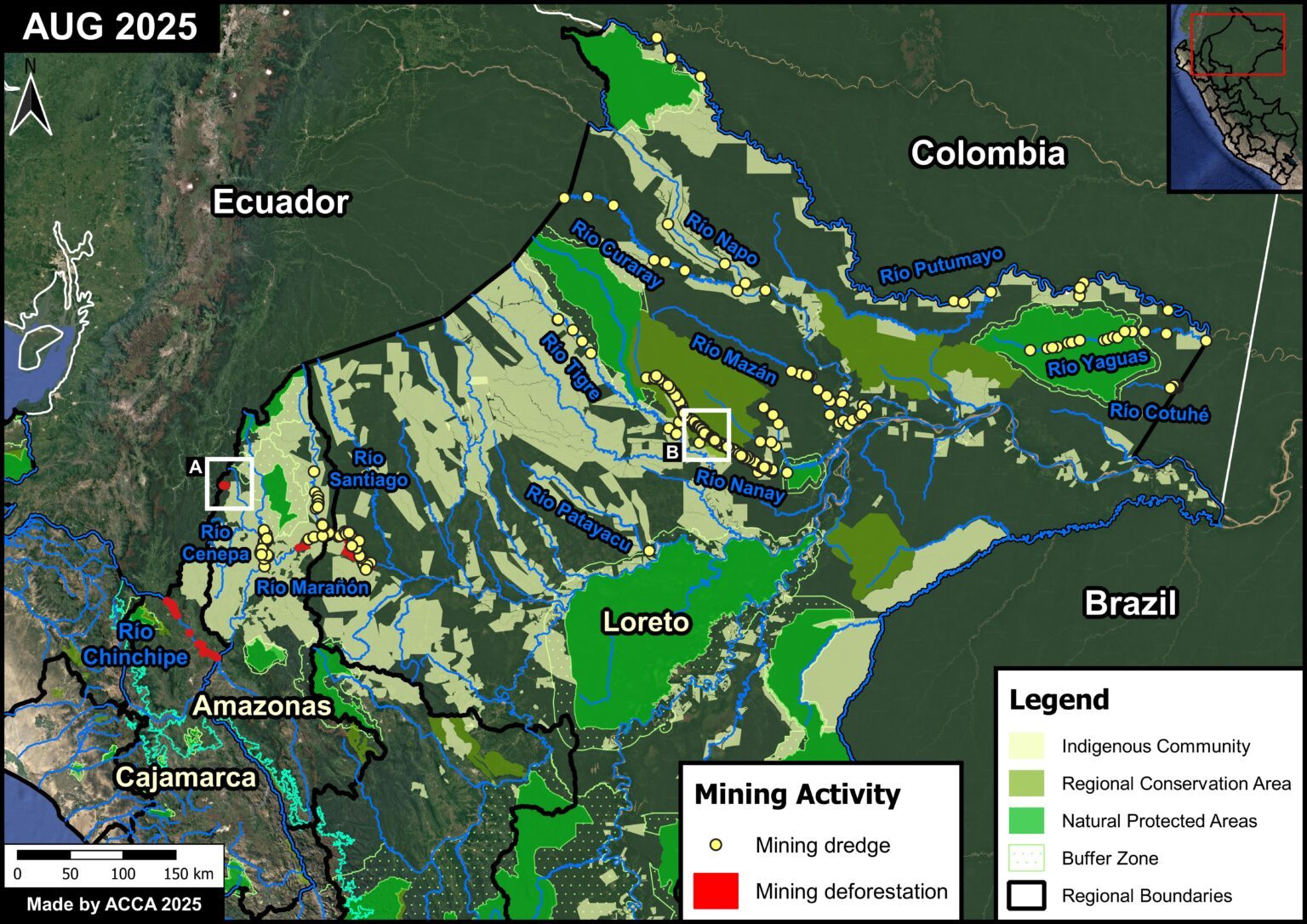 Mappa dell’estrazione dell’oro nell’Amazzonia peruviana settentrionale / Credit: MAAP