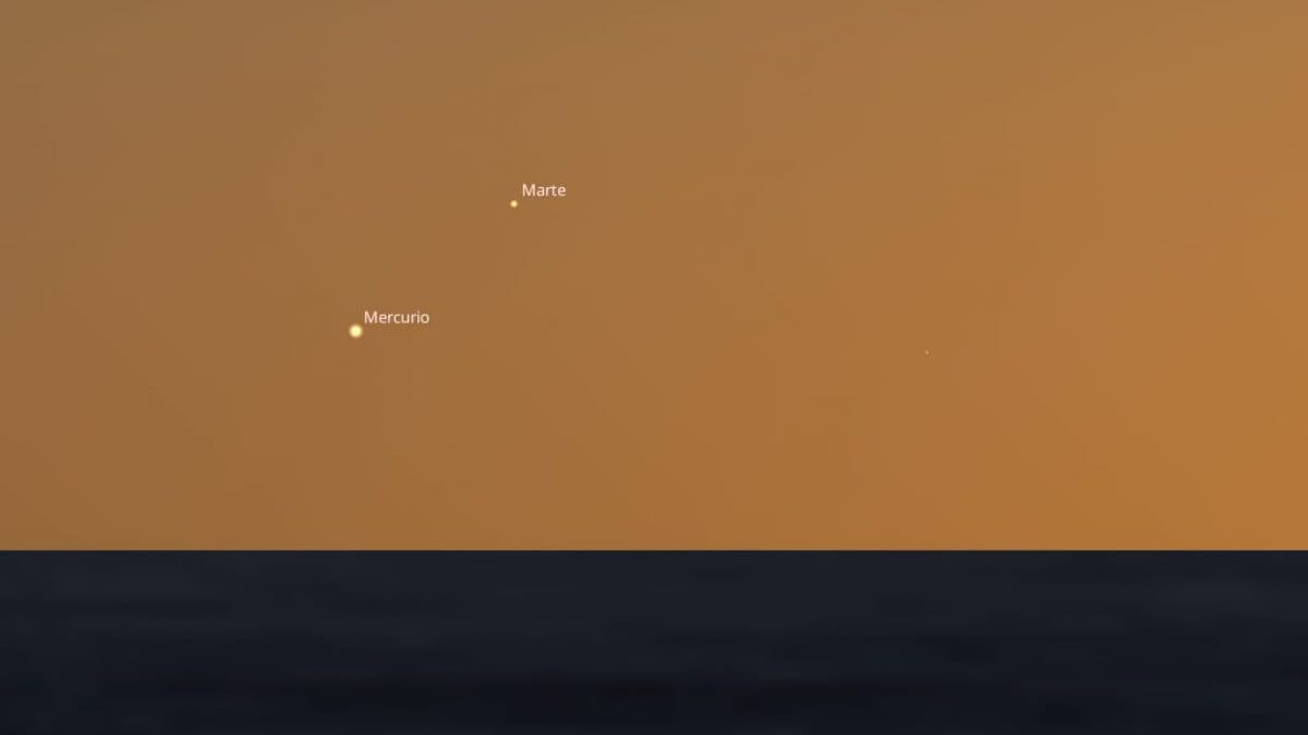 Mercurio e Marte sull’orizzonte occidentale, poco dopo il tramonto del 21 ottobre. Credit: Stellarium