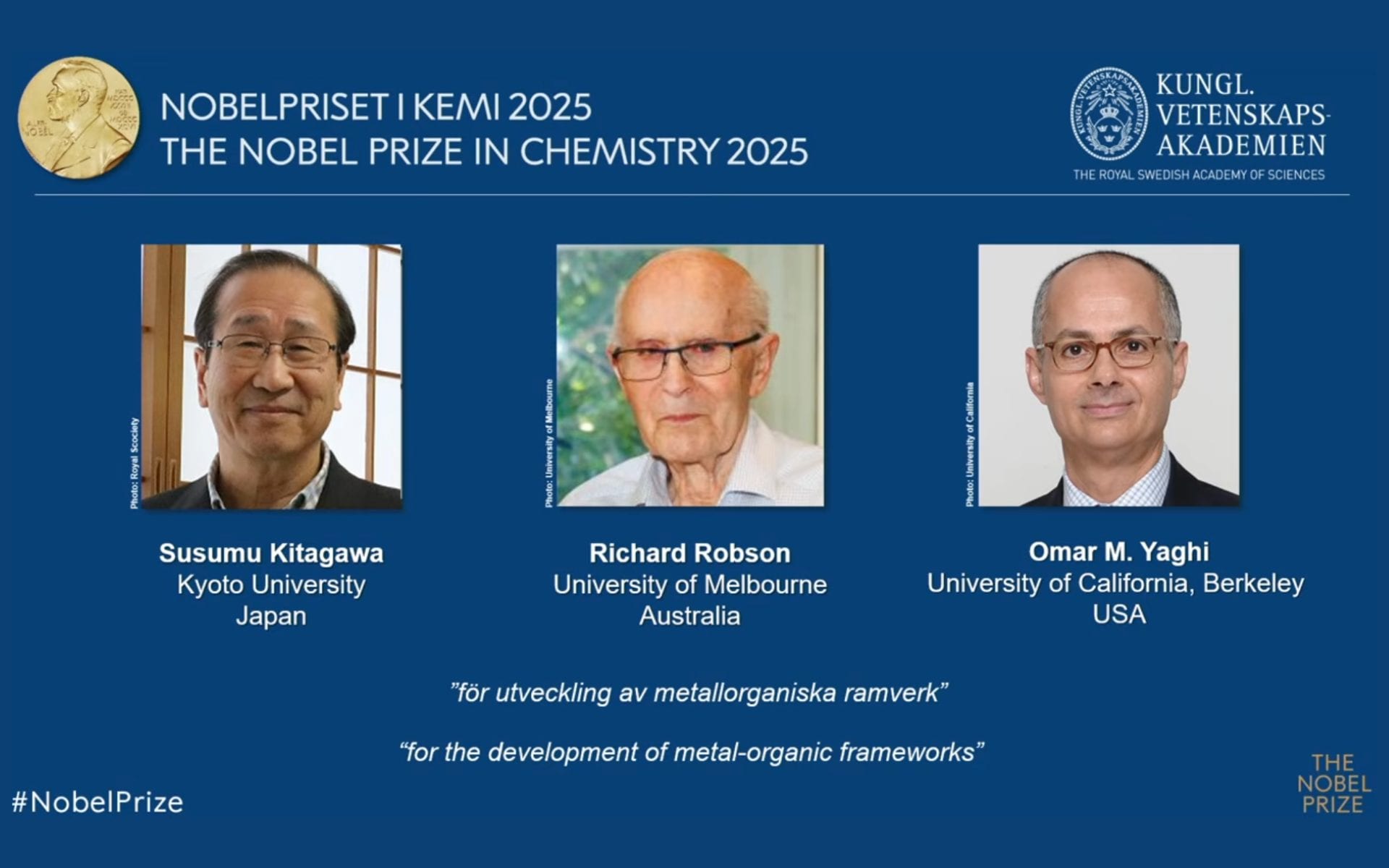 Nobel per la Chimica 2025: i vincitori sono Susumu Kitagawa, Richard Robson e Omar M. Yaghi