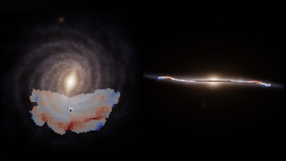 L’onda appena scoperta dal telescopio Gaia è indicata in rosso e blu: nelle aree rosse, le stelle si muovono al di sopra del piano galattico, nelle arre in blu oscillano nella direzione opposta / Credit: ESA