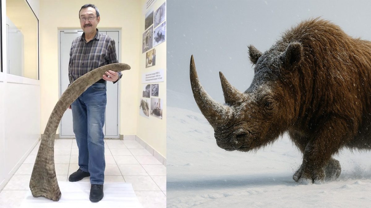 A sinistra il dottor Gennadij Boeskorov con il lunghissimo corno di rinoceronte lanoso. Credit: Gennadij Boeskorov / A destra immagine generata dall’IA