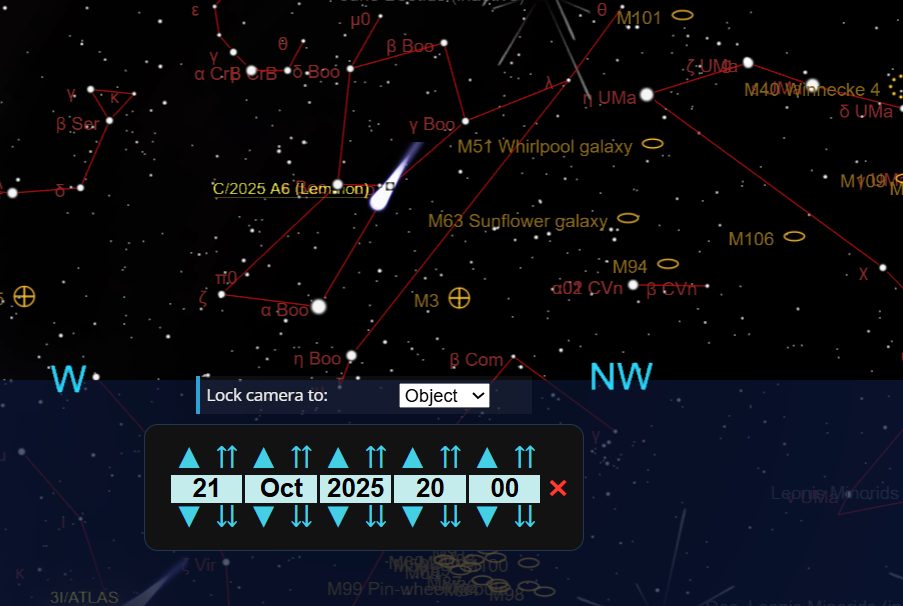La posizione nel cielo della cometa C/2025 A6 (Lemmon). Credit: The Sky Live