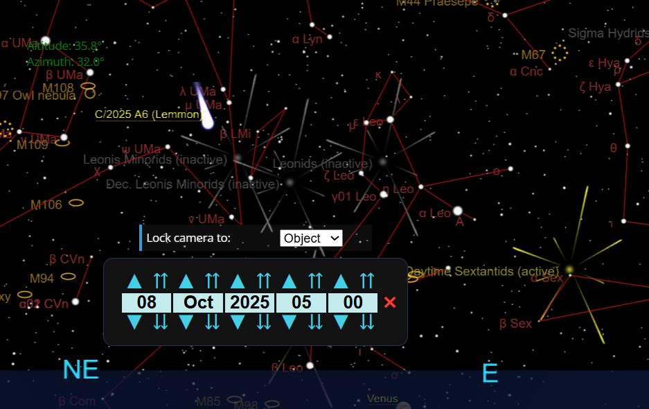 La posizione nel cielo della cometa C/2025 A6 (Lemmon). Credit: The Sky Live