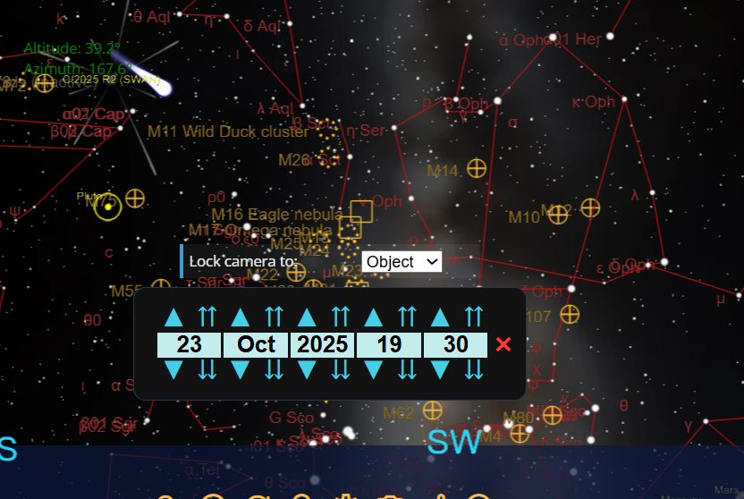 La posizione nel cielo della cometa C/2025 R2 (SWAN). Credit: The Sky Live