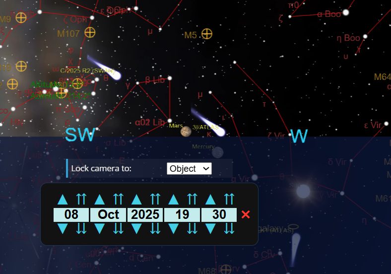La posizione nel cielo della cometa C/2025 R2 (SWAN). Credit: The Sky Live