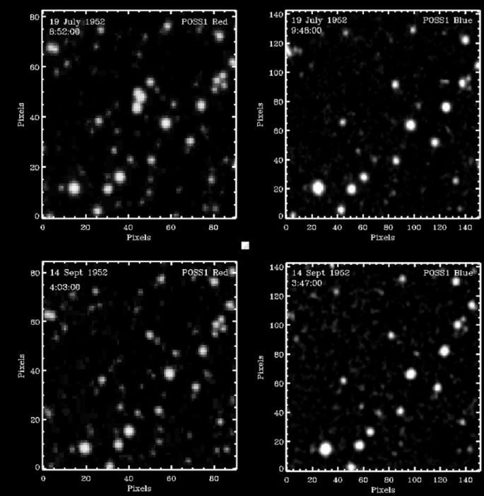 Quattro immagini di una regione del cielo centrata sul triplo transiente (tre brevi lampi di luce) identificato nel luglio 1952. In alto a sinistra, l’immagine del triplo transiente (appena sopra il centro) a lunghezze d’onda più lunghe (red). In alto a destra: un’immagine a lunghezze d’onda più corte (blue) con esposizione di 10 m della stessa regione, scattata subito dopo senza alcuna traccia del triplo transiente. In basso a sinistra e a destra: immagini scattate due mesi dopo (14 settembre 1952) che mostrano il transiente ancora scomparso / Credit: Scientific Report 2025