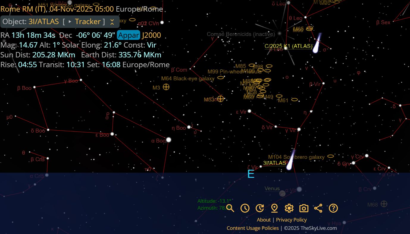 La posizione di 3I/ATLAS e della cometa K1 (ATLAS) nel cielo di Roma il 4 novembre. Credit: TheSkyLive