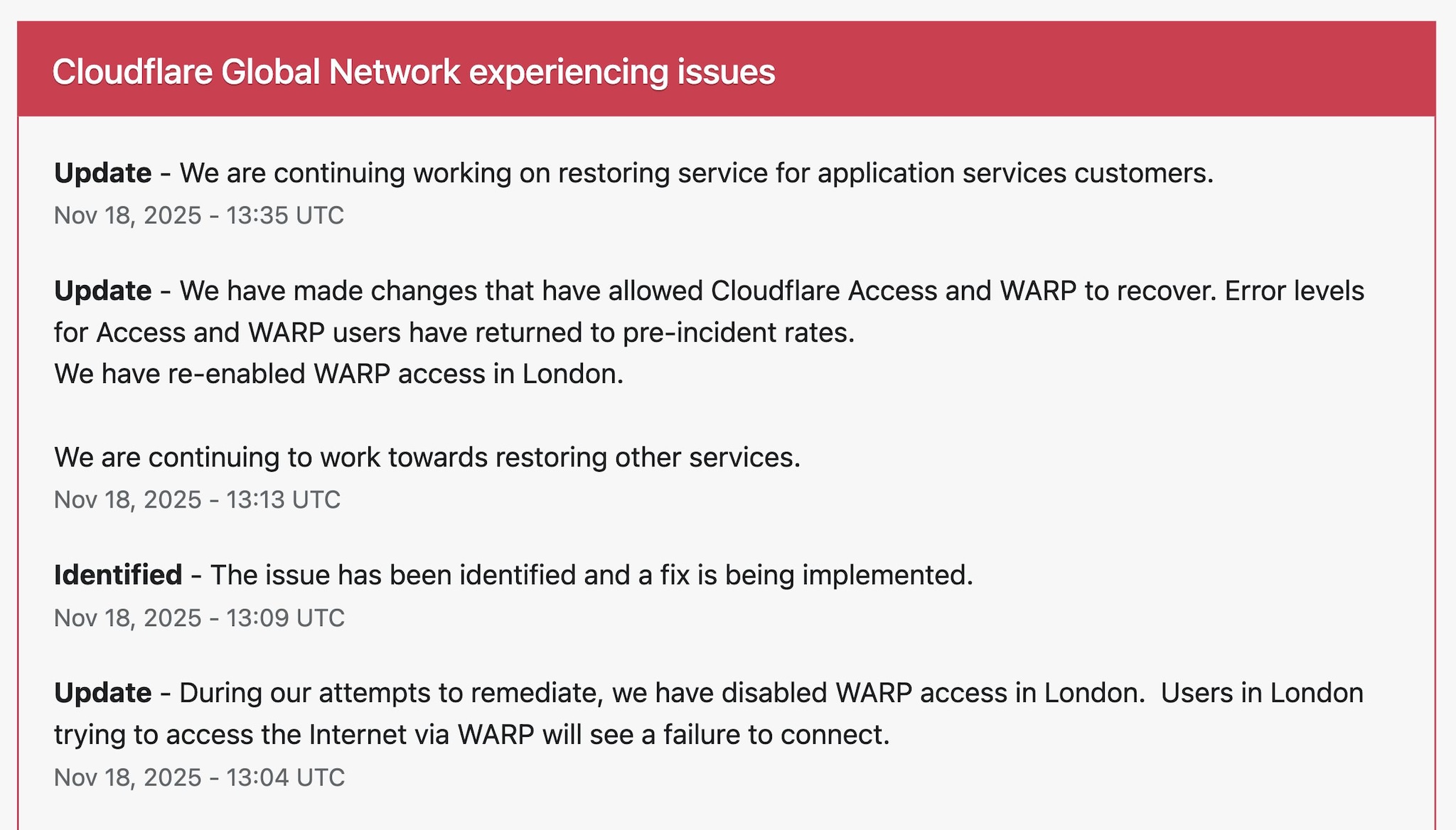 CLOUDFLARE | Gli ultimi messaggi riportati da CloudFlare sullo stato de servizio