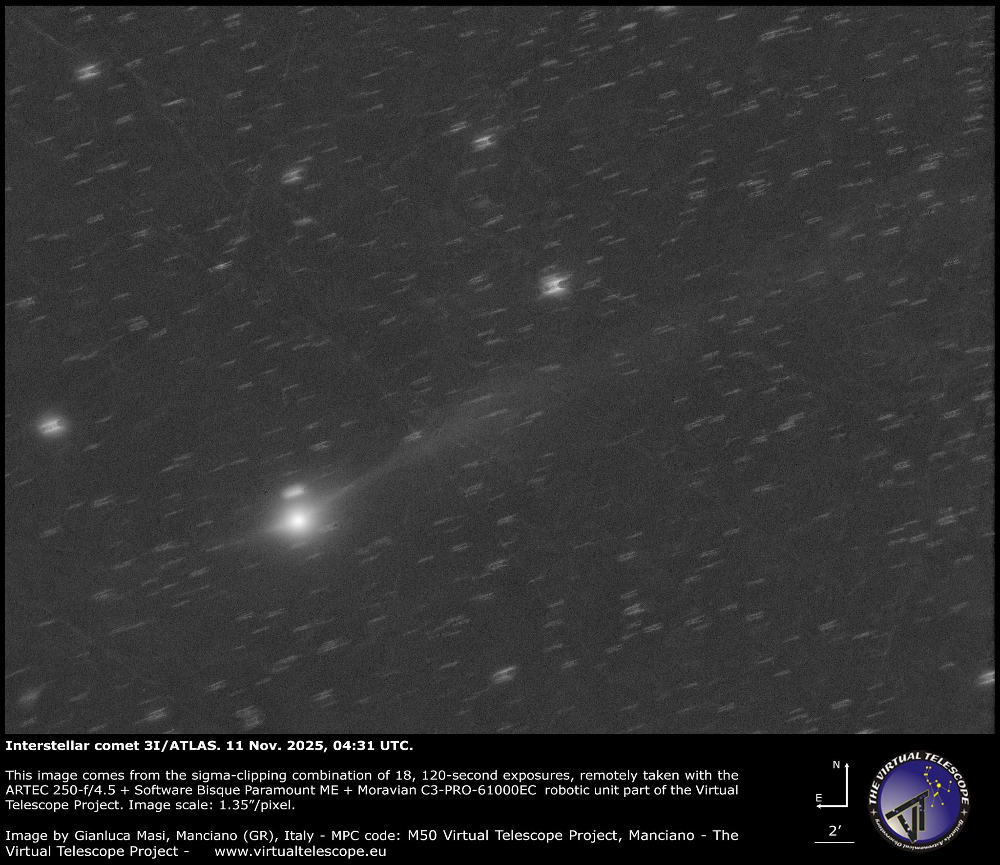 La cometa interstellare 3I/ATLAS. Credit: Gianluca Masi / Virtual Telescope Project